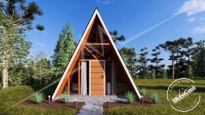 Chalé A‑Frame 1.0 com fachada frontal iluminada pela suave luz do amanhecer ensolarado.