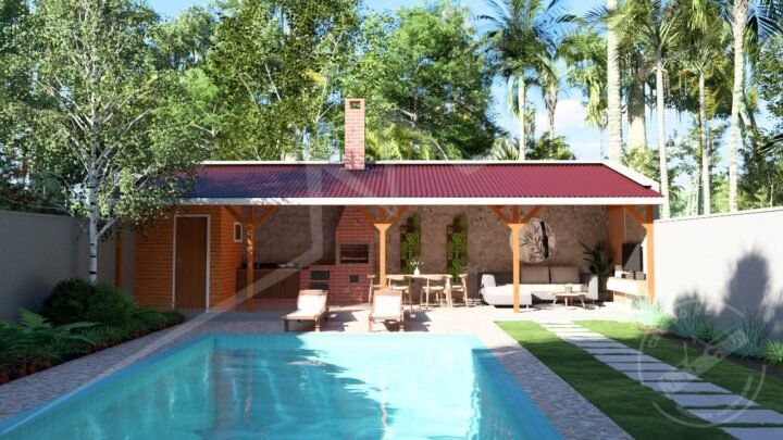 Edícula 12M de trinta e seis metros quadrados pré-fabricada em madeira pinus autoclave — fachada principal em visão ampla e geral