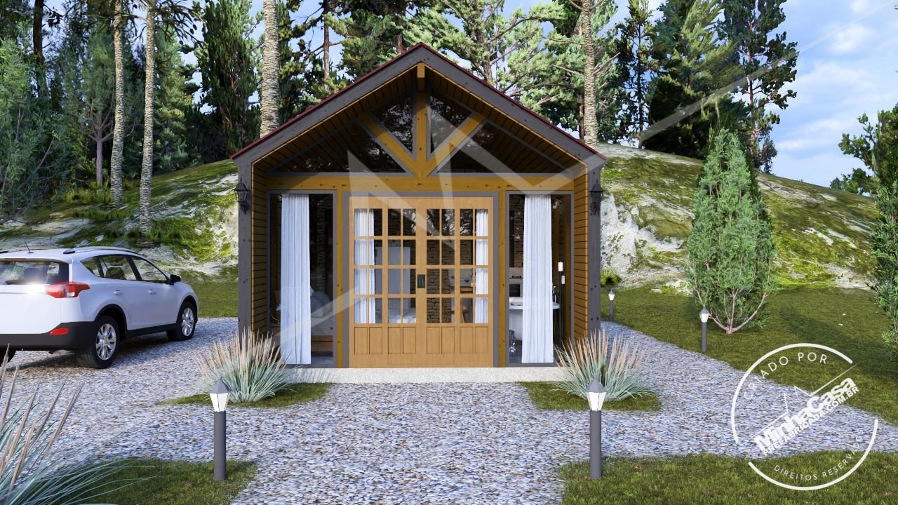 Chalé Escandinavo 1.3 (22,79 m²) – Fachada Principal (3D) Fachada principal do Chalé Escandinavo 1.3 em pinus autoclave (3D)