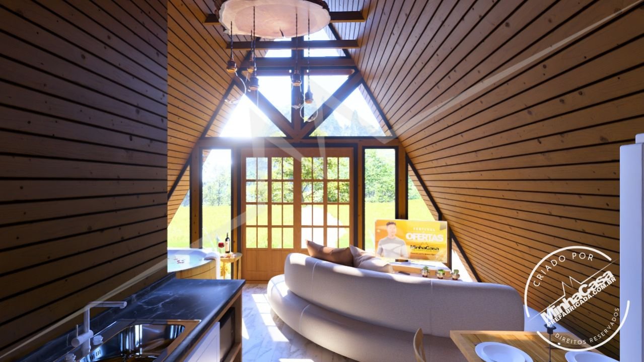 Chalé A-Frame 1.1 de 48m² — Interior com hall de entrada, sala, banheira e parte da cozinha Chalé A-Frame 1.1 de 48m² pré-fabricado em madeira pinus autoclave — interior com hall de entrada, sala, banheira e parte da cozinha