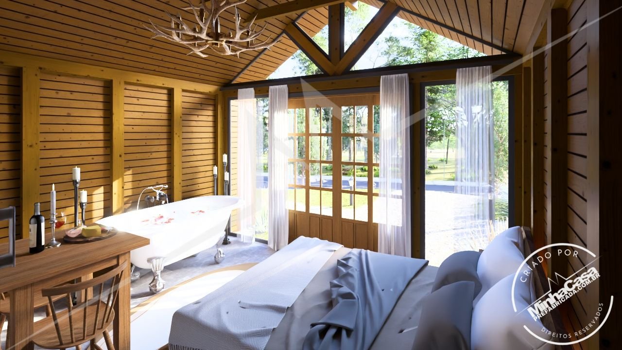 Escandinavo 1.3 – Quarto com Vista para a Porta (3D) Quarto do Escandinavo 1.3 orientado à porta (3D)