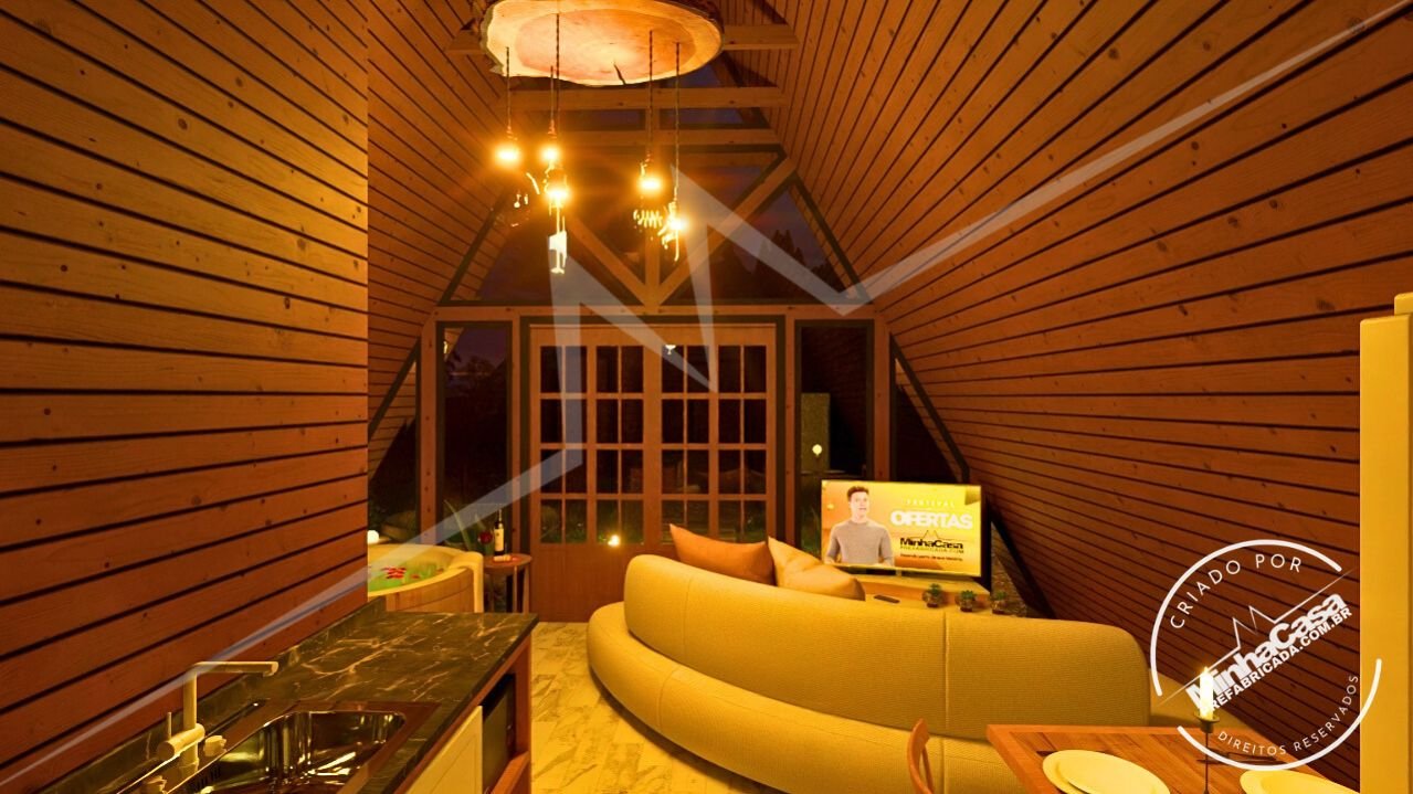 Chalé A-Frame 1.1 de 48m² — Interior noturno com hall de entrada, sala, banheira e parte da cozinha Chalé A-Frame 1.1 de 48m² pré-fabricado em madeira pinus autoclave — interior noturno com hall de entrada, sala, banheira e parte da cozinha