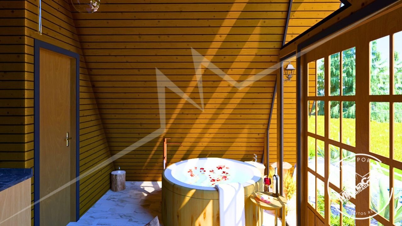 Chalé A-Frame 1.1 de 48m² — Banheira em foco Chalé A-Frame 1.1 de 48m² pré-fabricado em madeira pinus autoclave — banheira em foco