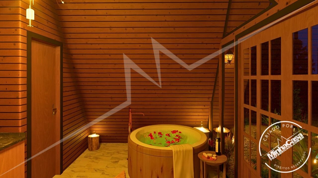 Chalé A-Frame 1.1 de 48m² — Banheira em foco em visão noturna Chalé A-Frame 1.1 de 48m² pré-fabricado em madeira pinus autoclave — banheira em foco em visão noturna