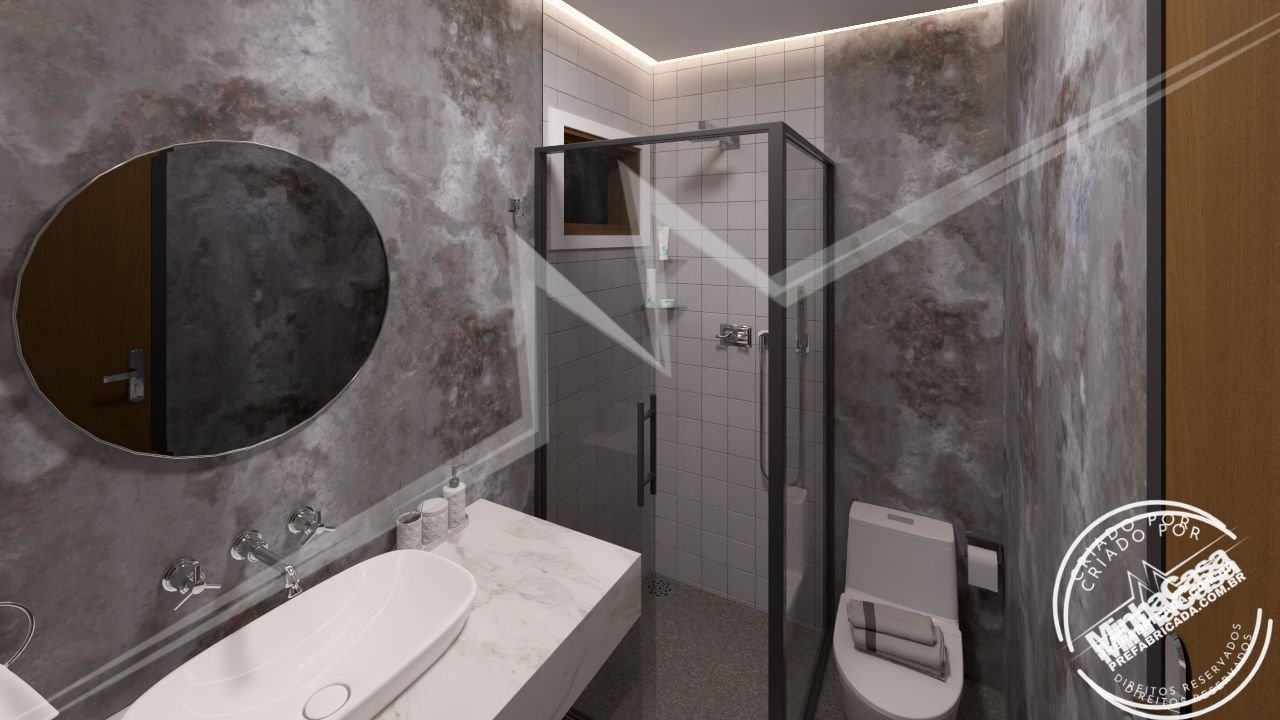 Escandinavo 1.3 – Banheiro Completo ao Anoitecer (3D) Banheiro do chalé ao anoitecer em visão completa (3D)