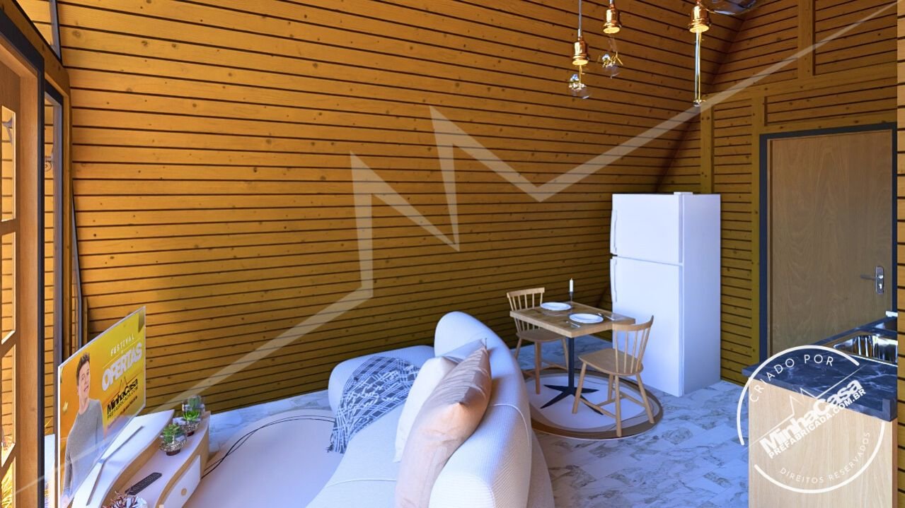 Chalé A-Frame 1.1 de 48m² — Sala e cozinha em foco Chalé A-Frame 1.1 de 48m² pré-fabricado em madeira pinus autoclave — sala e cozinha em foco