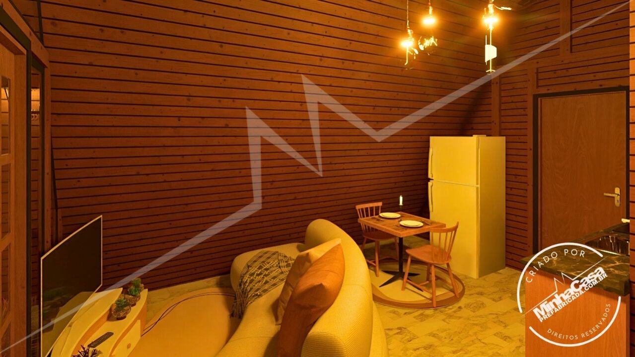 Chalé A-Frame 1.1 de 48m² — Sala e cozinha em visão noturna Chalé A-Frame 1.1 de 48m² pré-fabricado em madeira pinus autoclave — sala e cozinha em visão noturna