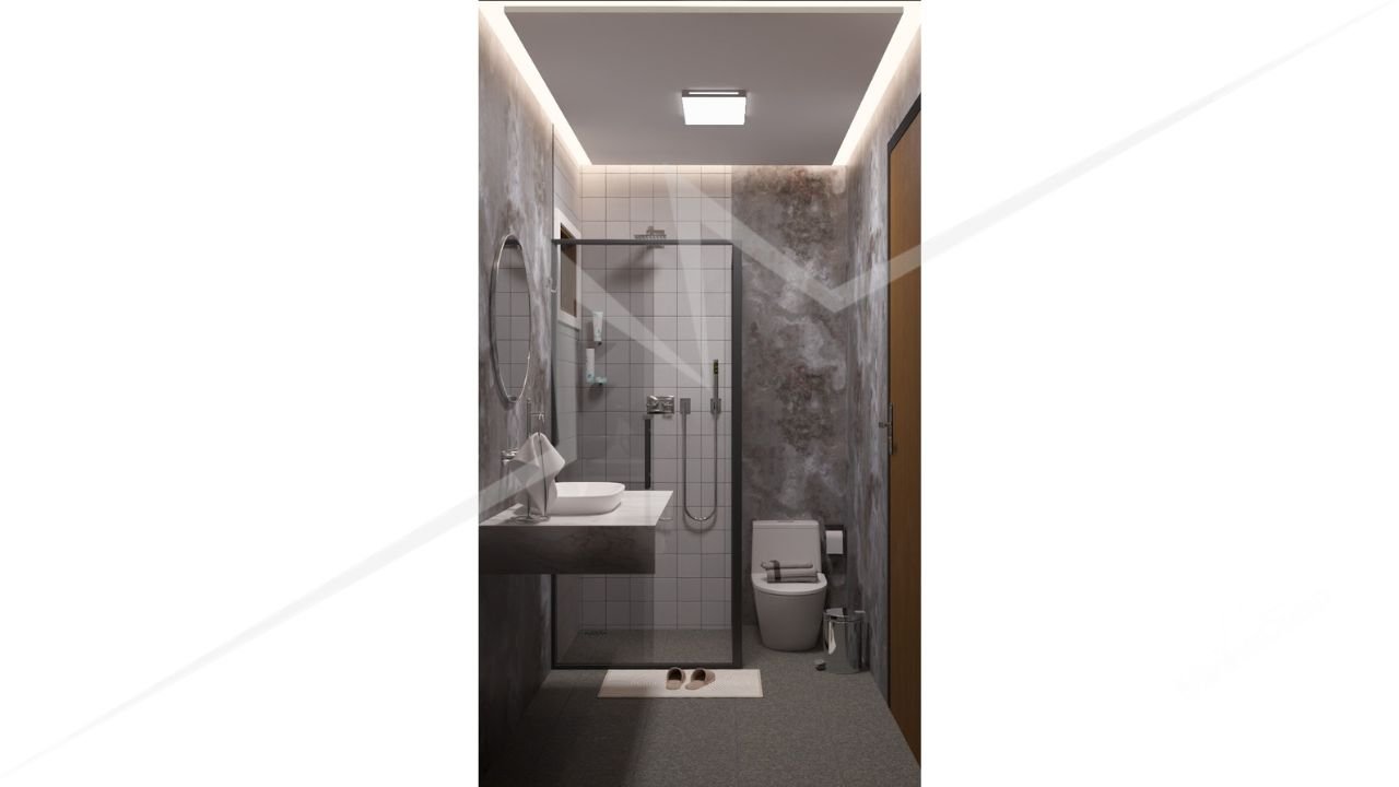 Escandinavo 1.3 – Banheiro Vertical ao Anoitecer (3D) Banheiro vertical do chalé ao anoitecer (3D)