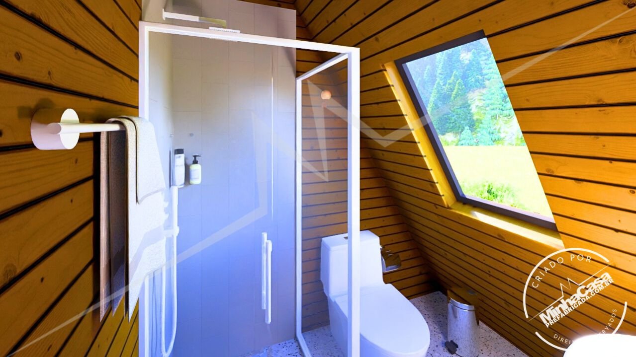 Chalé A-Frame 1.1 de 48m² — Banheiro com box e vaso Chalé A-Frame 1.1 de 48m² pré-fabricado em madeira pinus autoclave — banheiro com box e vaso