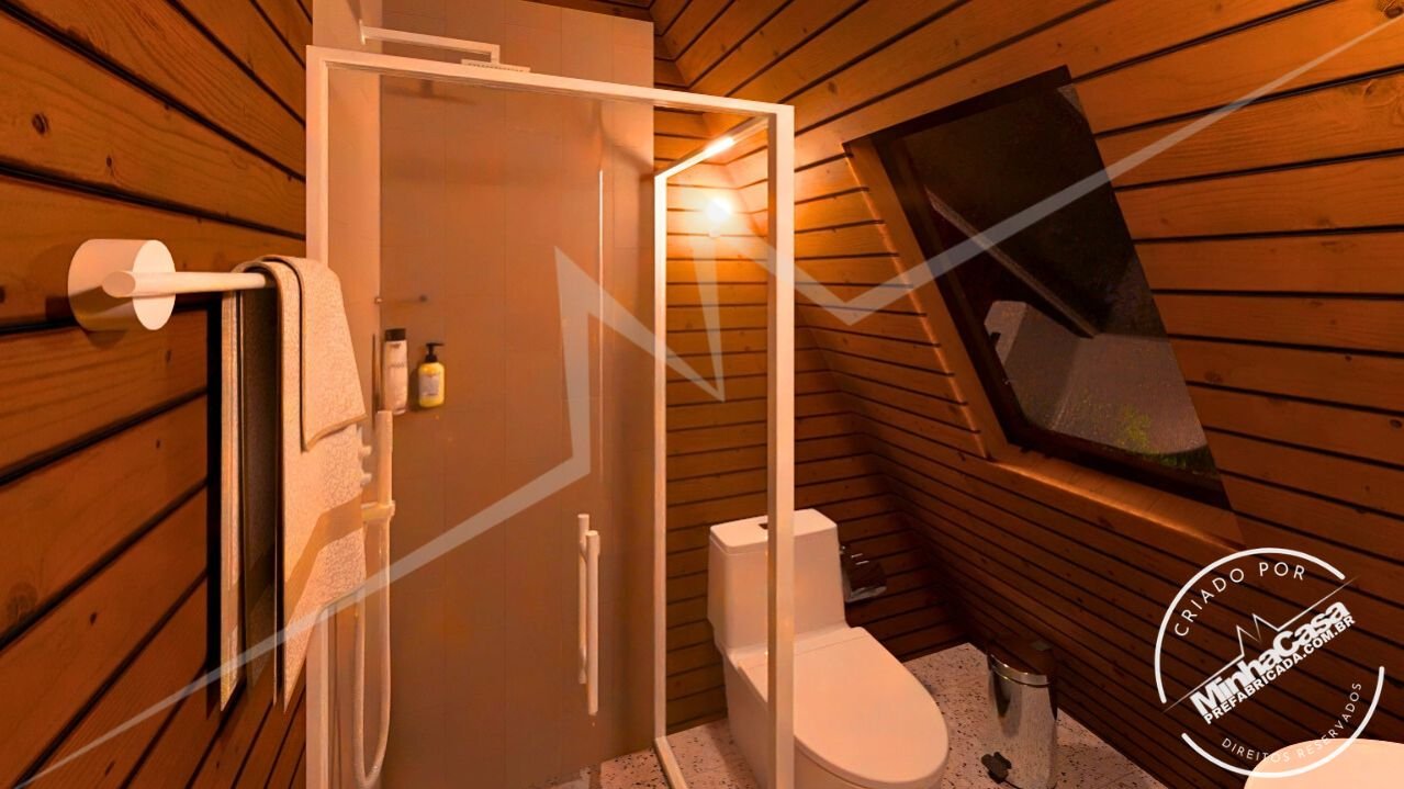 Chalé A-Frame 1.1 de 48m² — Banheiro noturno com box e vaso Chalé A-Frame 1.1 de 48m² pré-fabricado em madeira pinus autoclave — banheiro noturno com box e vaso