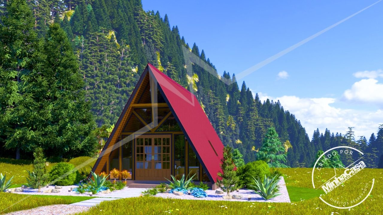 Chalé A-Frame 1.1 de 48m² — Fachada principal com lateral direita ao meio-dia Chalé A-Frame 1.1 de 48m² pré-fabricado em madeira pinus autoclave — fachada principal com lateral direita ao meio-dia