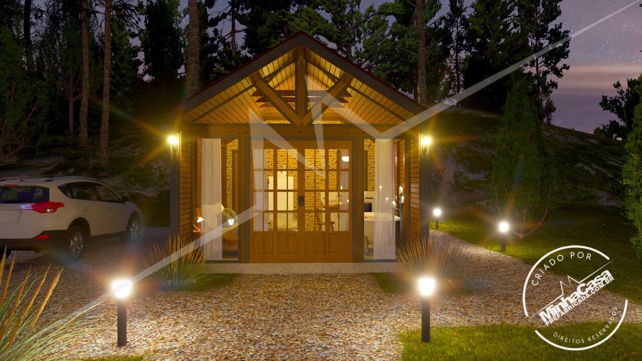 Chalé Escandinavo 1.3 – Fachada Principal à Noite (3D) Fachada do Escandinavo 1.3 à noite, iluminação interna, pinus autoclave (3D)