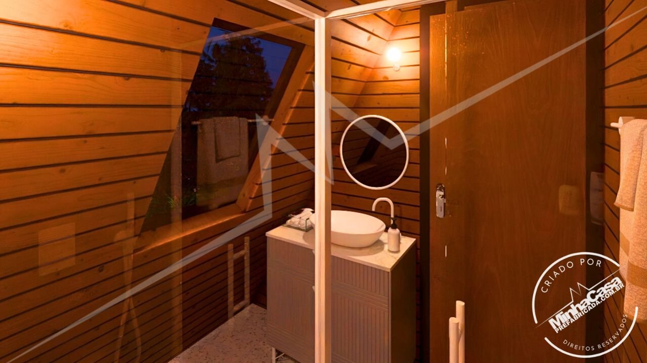Chalé A-Frame 1.1 de 48m² — Banheiro noturno com janela e lavabo Chalé A-Frame 1.1 de 48m² pré-fabricado em madeira pinus autoclave — banheiro noturno com janela e lavabo