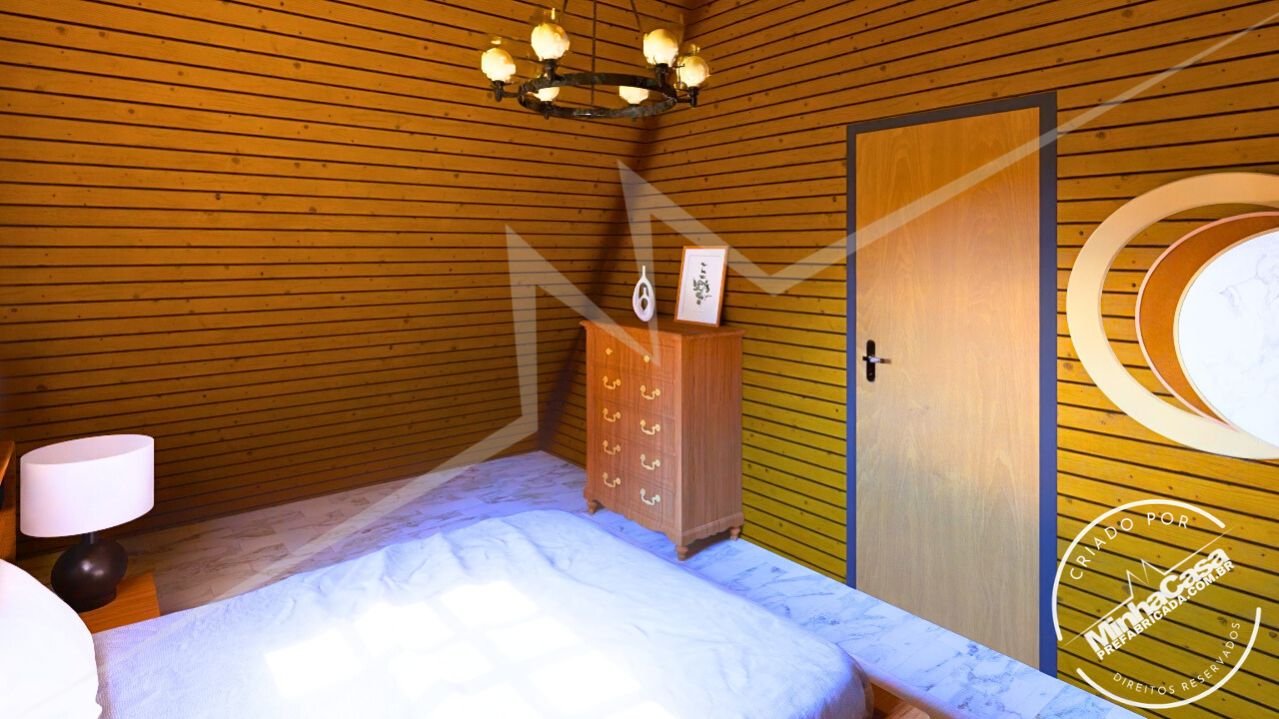 Chalé A-Frame 1.1 de 48m² — Quarto em visão ampla com cama Chalé A-Frame 1.1 de 48m² pré-fabricado em madeira pinus autoclave — quarto em visão ampla com cama