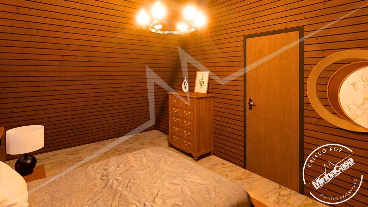 Chalé A-Frame 1.1 de 48m² — Quarto em visão noturna com cama Chalé A-Frame 1.1 de 48m² pré-fabricado em madeira pinus autoclave — quarto em visão noturna com cama