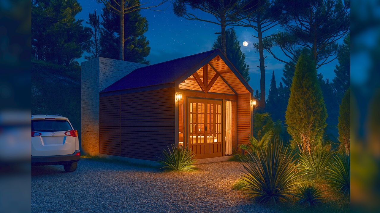 Escandinavo 1.3 – Ultrarrealista ao Anoitecer (Iluminação Interna e Externa) Fachada ultrarrealista do chalé ao anoitecer com luz interna e externa