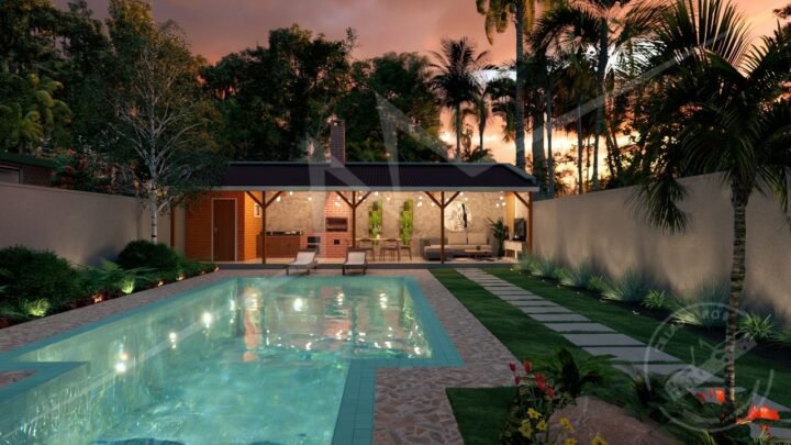 Edícula 12M de trinta e seis metros quadrados pré-fabricada em madeira pinus autoclave — fachada principal à noite em visão distante