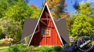 Chalé A-Frame 2.0 de 47m² pré-fabricado em madeira pinus autoclave — fachada lateral esquerda