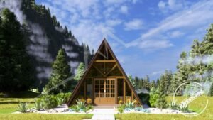 Chalé A-Frame 1.1 de 48m² pré-fabricado em madeira pinus autoclave — fachada principal em ângulo central de dia com nuvens