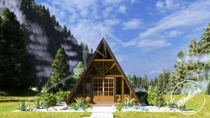 Chalé A-Frame 1.1 de 48m² pré-fabricado em madeira pinus autoclave — fachada principal em ângulo central de dia com nuvens