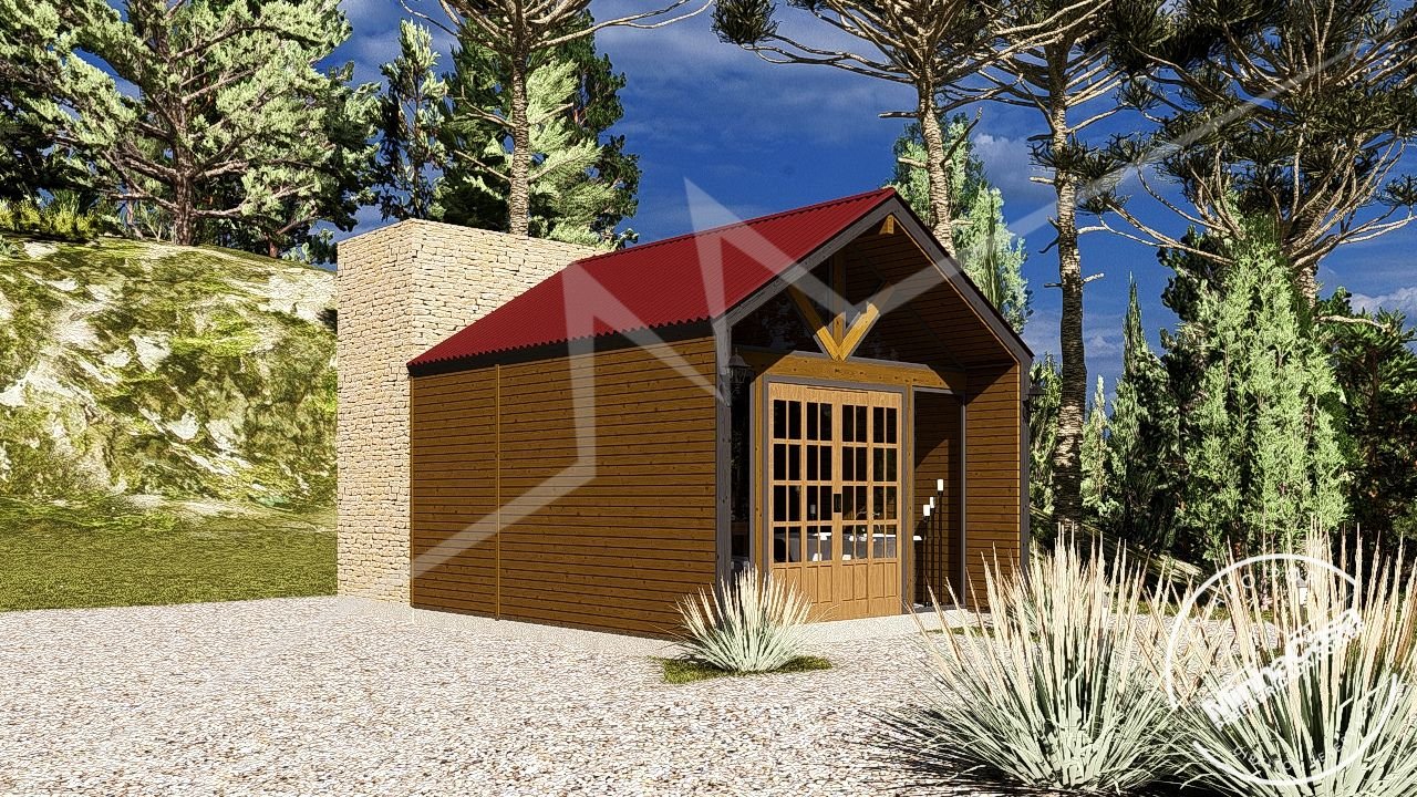 Chalé Escandinavo 1.3 – Fachada Lateral + Frontal (3D) Vista lateral com a frontal do Escandinavo 1.3 em pinus tratado (3D)