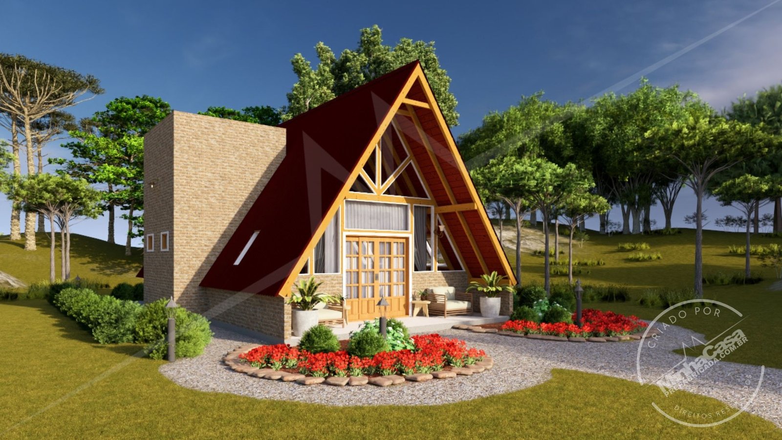 Pousada POP 2.4 (92,40 m²) – Fachada Principal com Paisagismo (3D) Fachada principal da Pousada POP 2.4 em madeira pinus autoclave com paisagem integrada.