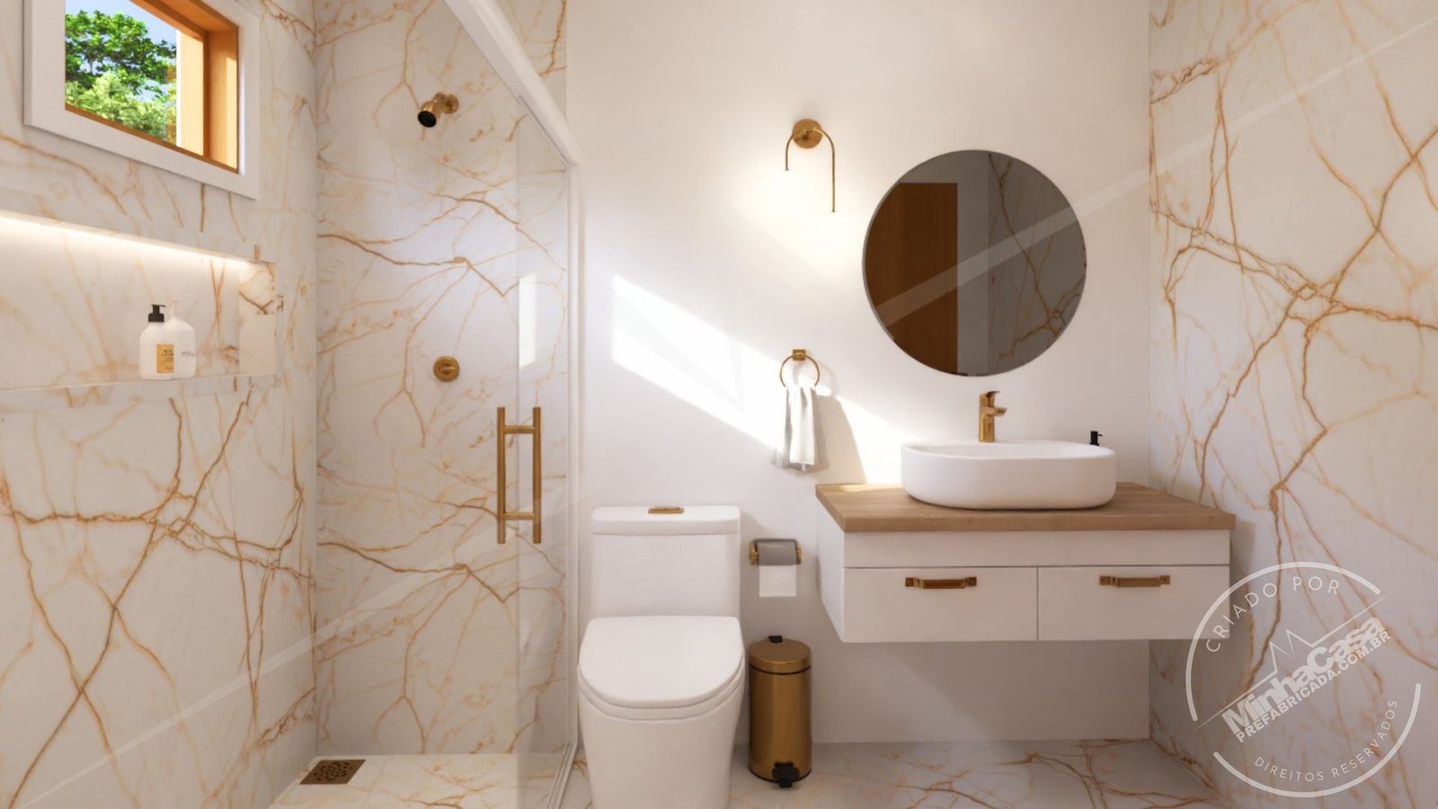 POP 2.4 – Banheiro Principal (3D) Banheiro principal da Pousada POP 2.4 em visão completa durante o dia.