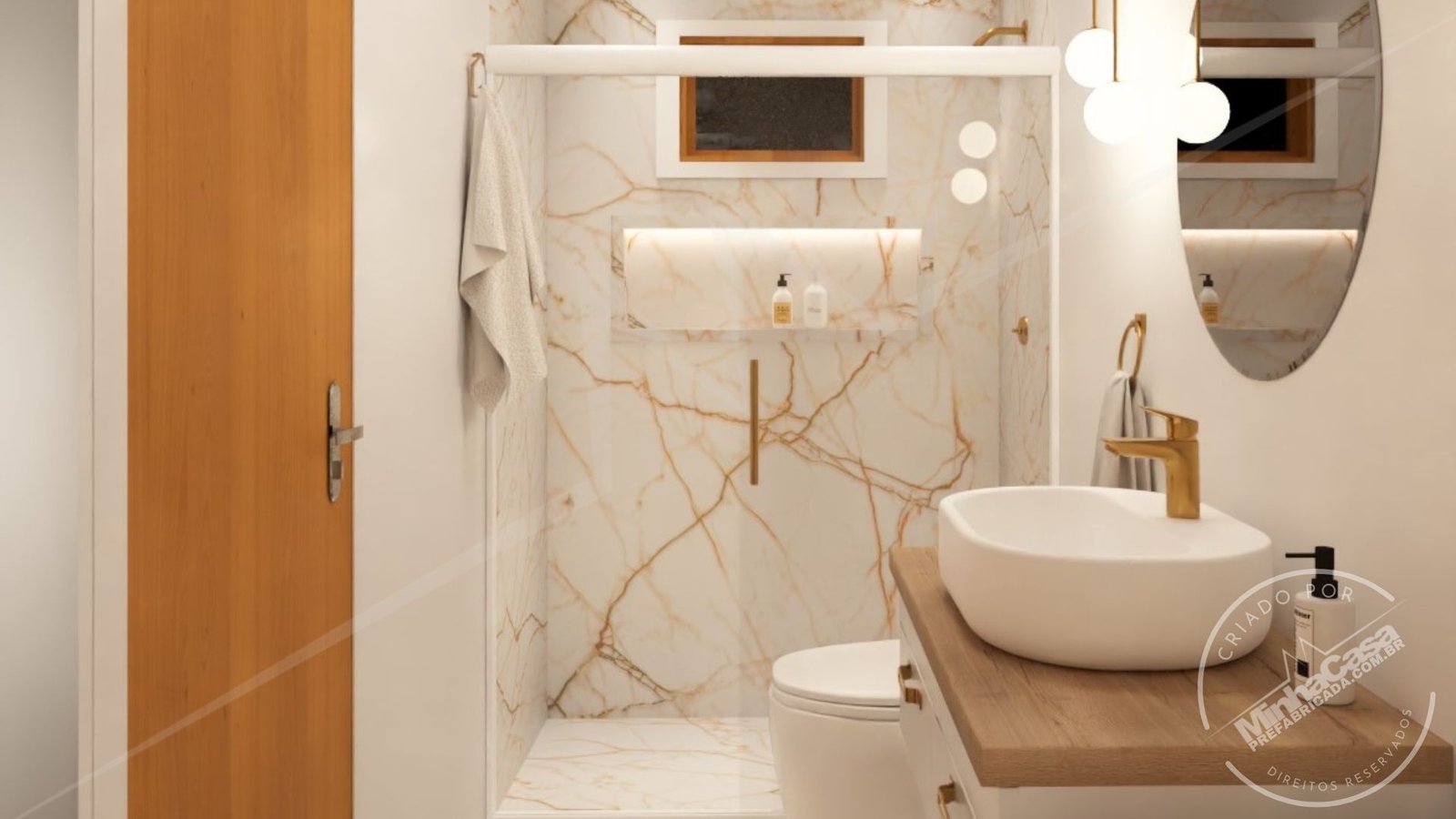 POP 2.4 – Banheiro Principal Noturno (Ângulo 2) Banheiro principal da Pousada POP 2.4 à noite em ângulo alternativo.