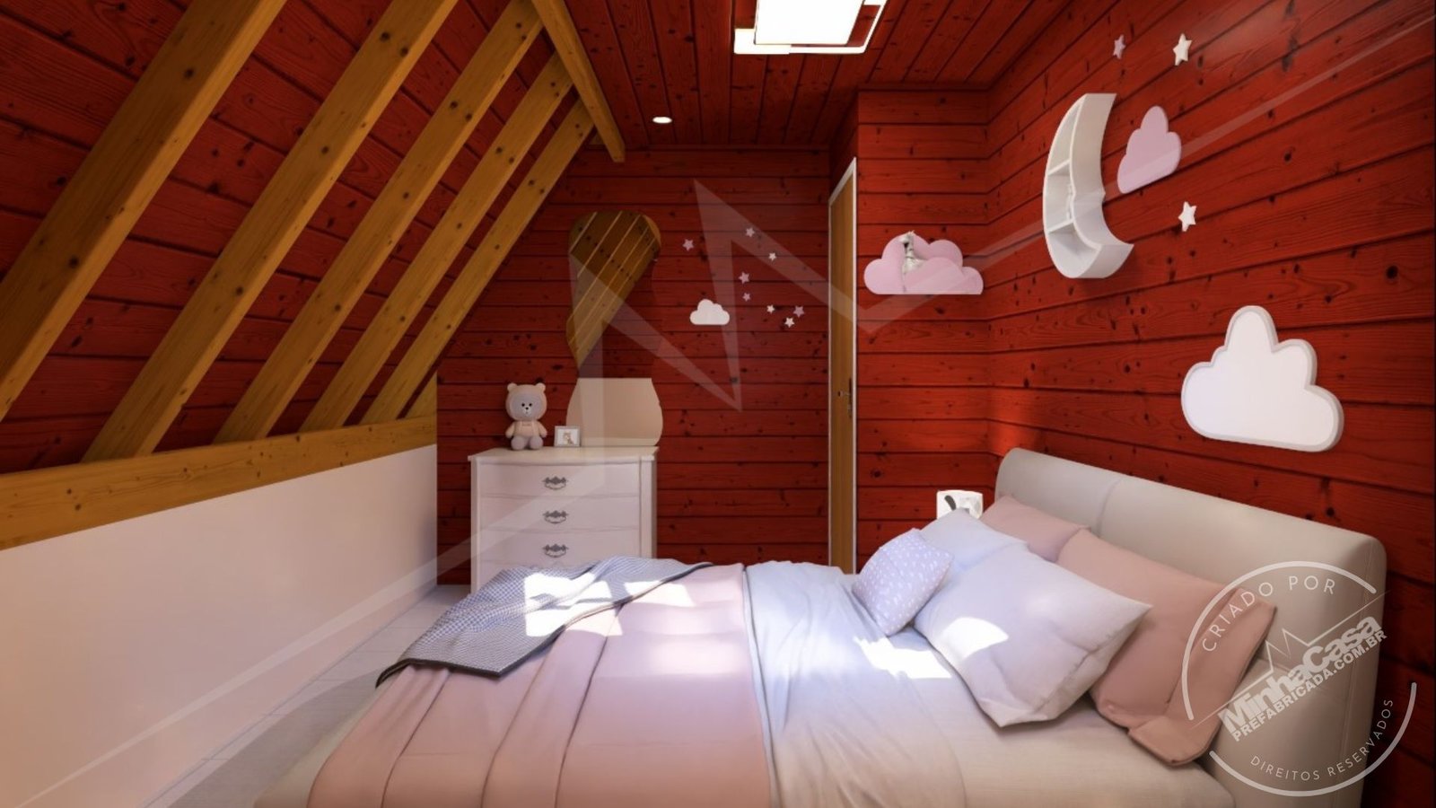 POP 2.4 – Quarto Térreo (3D) Quarto térreo da Pousada POP 2.4 com cama e armários em destaque (dia).