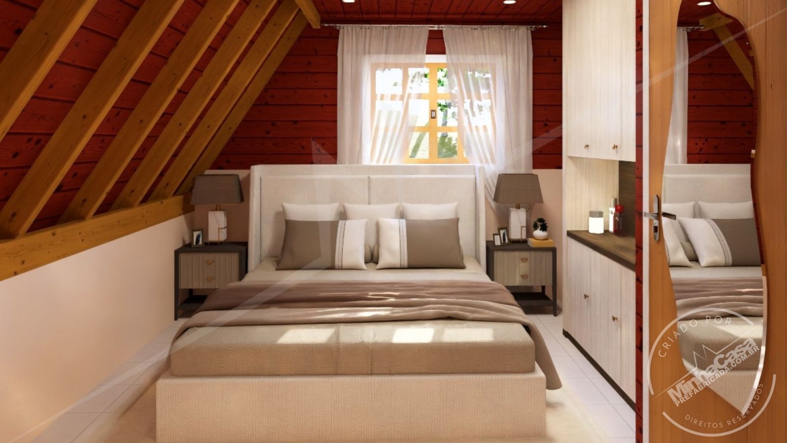 POP 2.4 – Suíte Térrea (3D) Suíte térrea da Pousada POP 2.4 em visão completa, iluminação diurna.