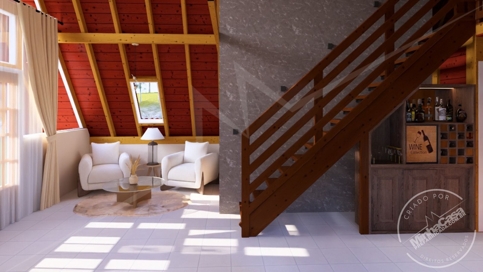 POP 2.4 – Sala e Escada para o Mezanino (3D) Sala da Pousada POP 2.4 com escada de acesso ao mezanino (dia).