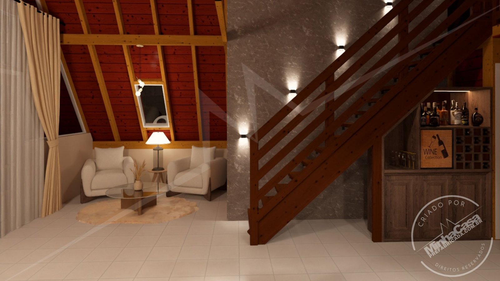 POP 2.4 – Sala e Escada à Noite (3D) Sala e escada da Pousada POP 2.4 à noite, valorizando volumes e madeira.