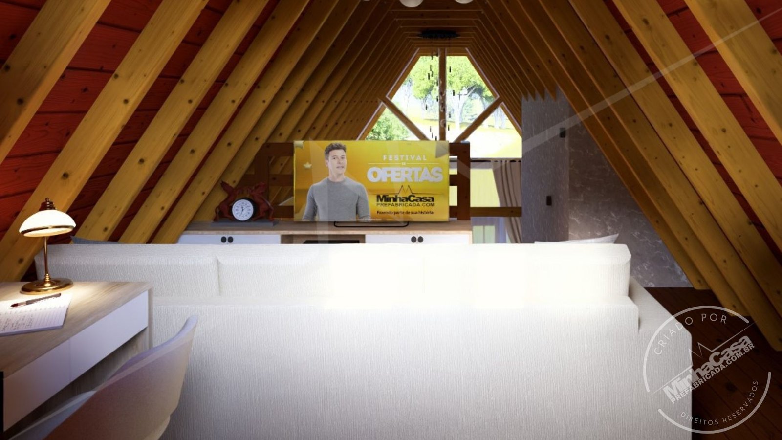 POP 2.4 – Sala do Mezanino (3D) Sala do mezanino da Pousada POP 2.4 com vista para o térreo (dia).