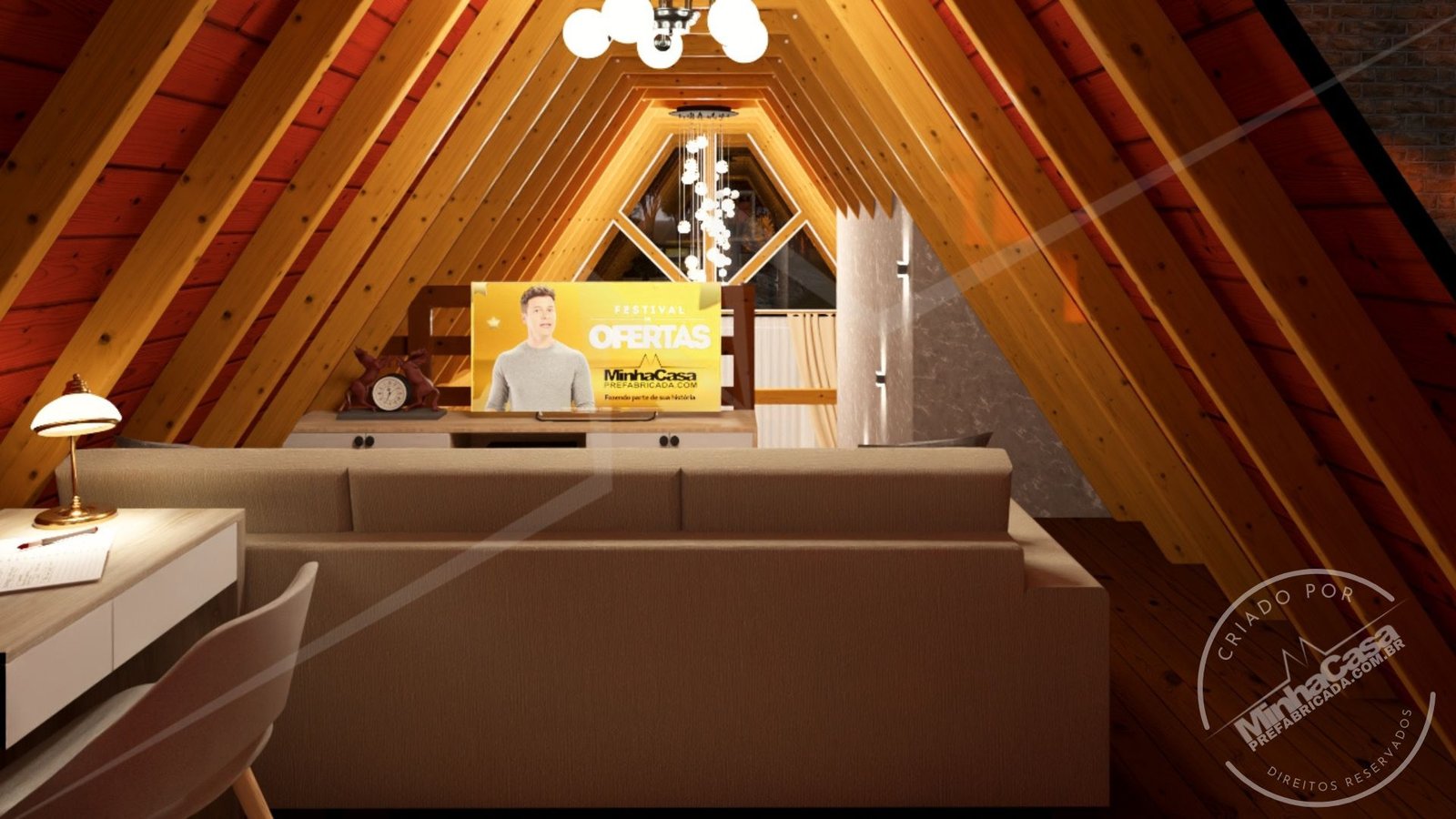 POP 2.4 – Sala do Mezanino à Noite (3D) Sala do mezanino da Pousada POP 2.4 à noite, iluminação aconchegante.