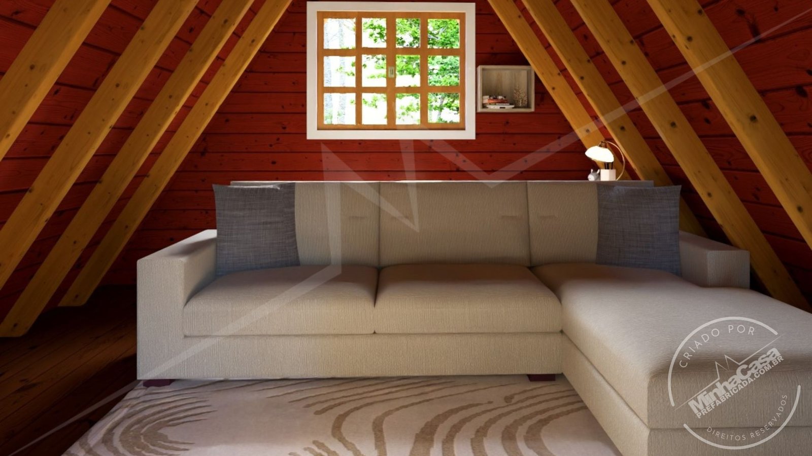 POP 2.4 – Sofá do Mezanino (3D) Sofá do mezanino da Pousada POP 2.4 em enquadramento de detalhe.