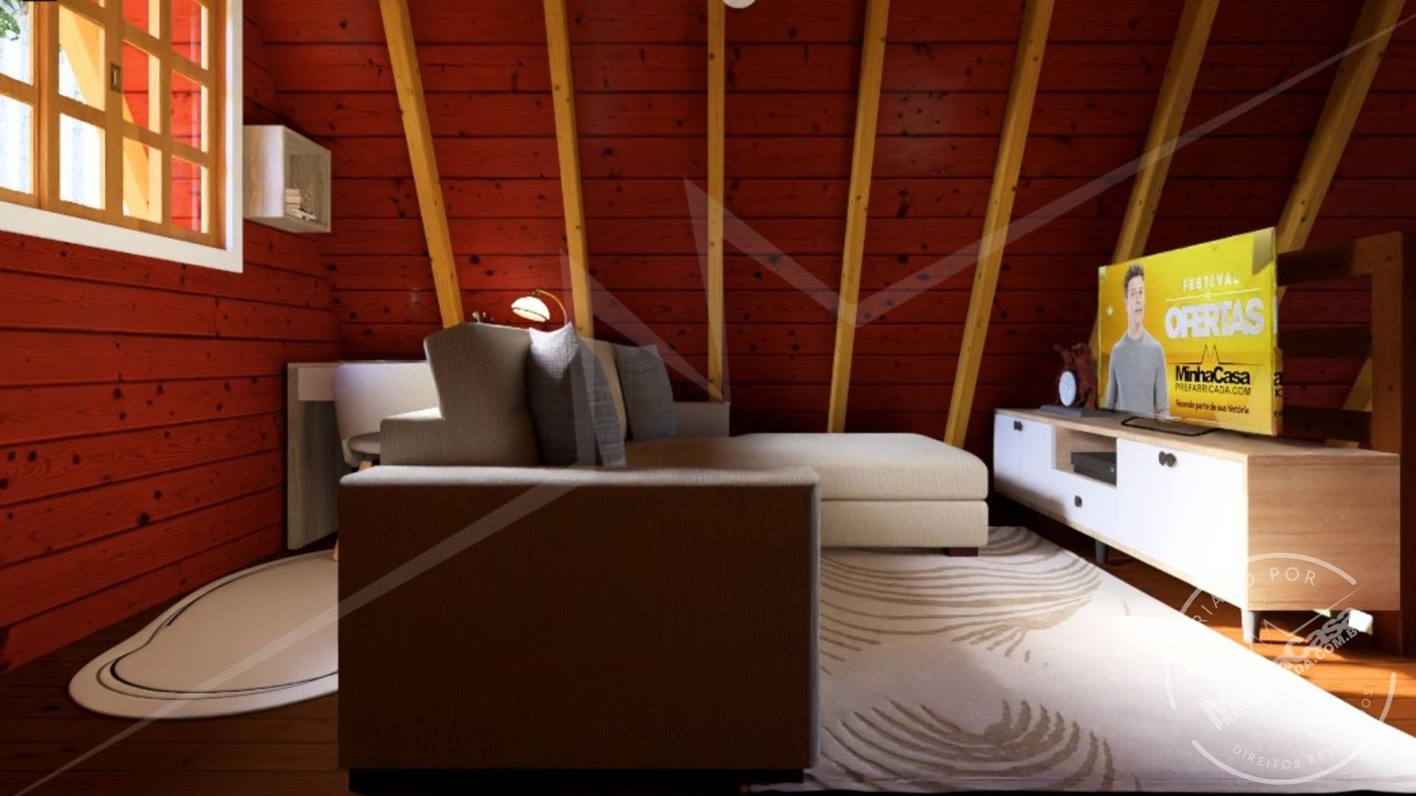 POP 2.4 – Visão Geral do Mezanino (3D) Visão geral do mezanino da Pousada POP 2.4 com leitura completa do ambiente.