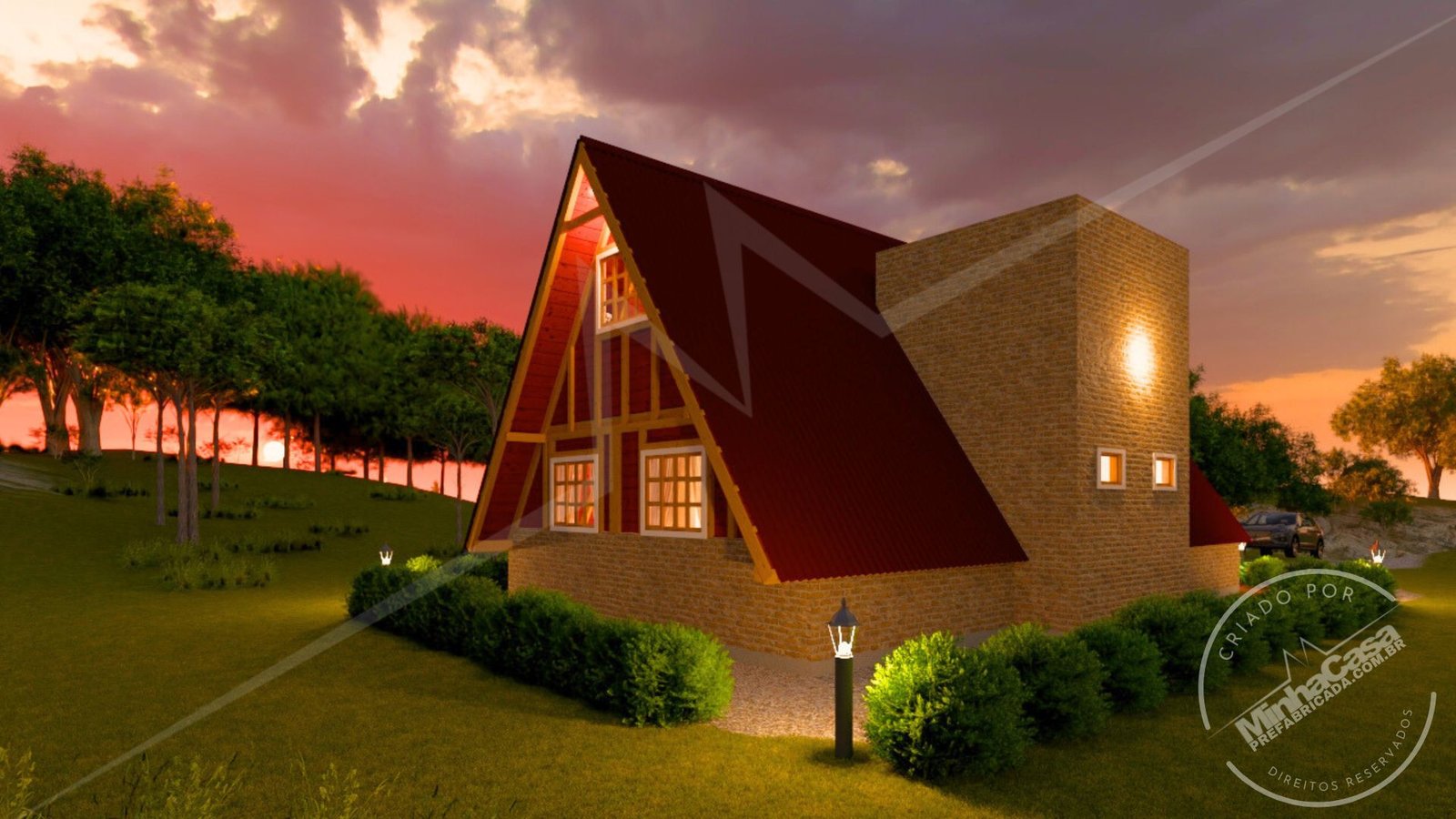 Pousada POP 2.4 – Posterior com Lateral Direita (3D) Parte posterior da Pousada POP 2.4 com foco na lateral direita.