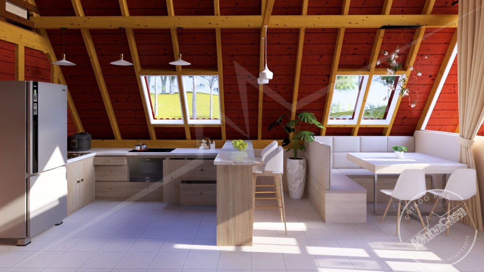 POP 2.4 – Cozinha Integrada com Mesa de Jantar (3D) Cozinha integrada com mesa de jantar na Pousada POP 2.4, iluminação diurna.