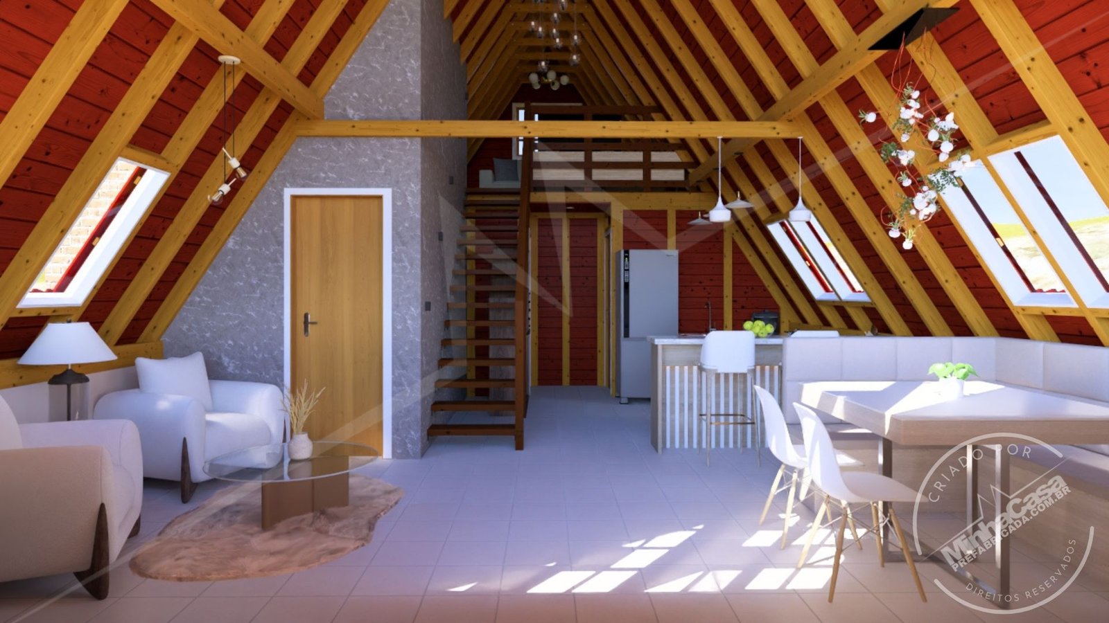 POP 2.4 – Visão Geral do Térreo ao Acesso (3D) Vista geral do térreo da Pousada POP 2.4 a partir da entrada, integração dos ambientes.