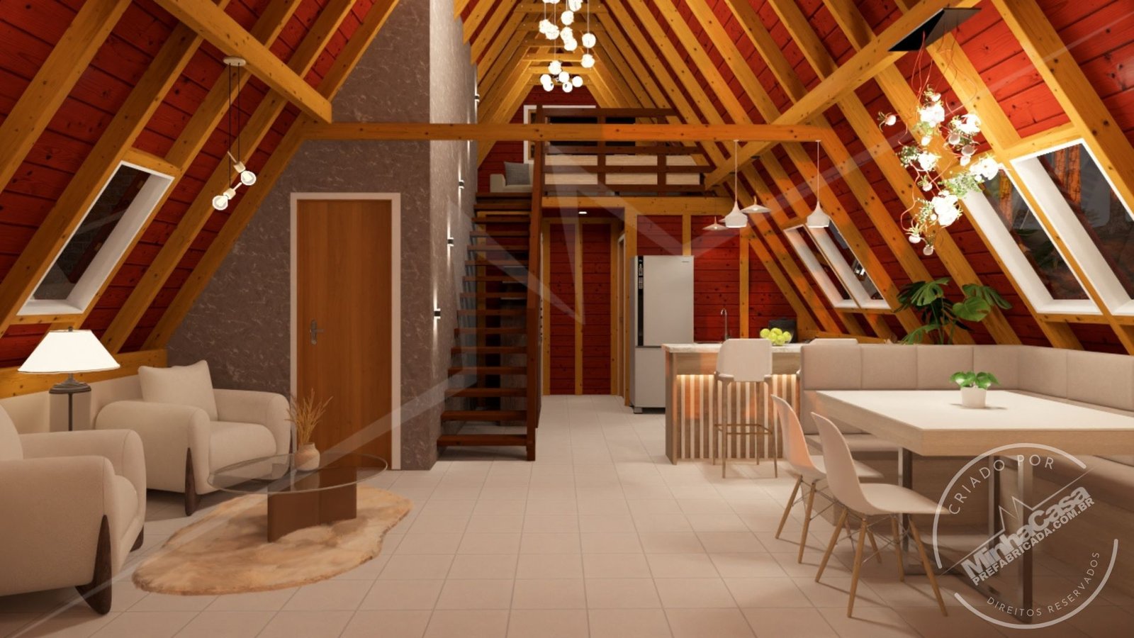 POP 2.4 – Térreo Geral à Noite (3D) Vista geral do térreo da Pousada POP 2.4 à noite, integração dos ambientes.