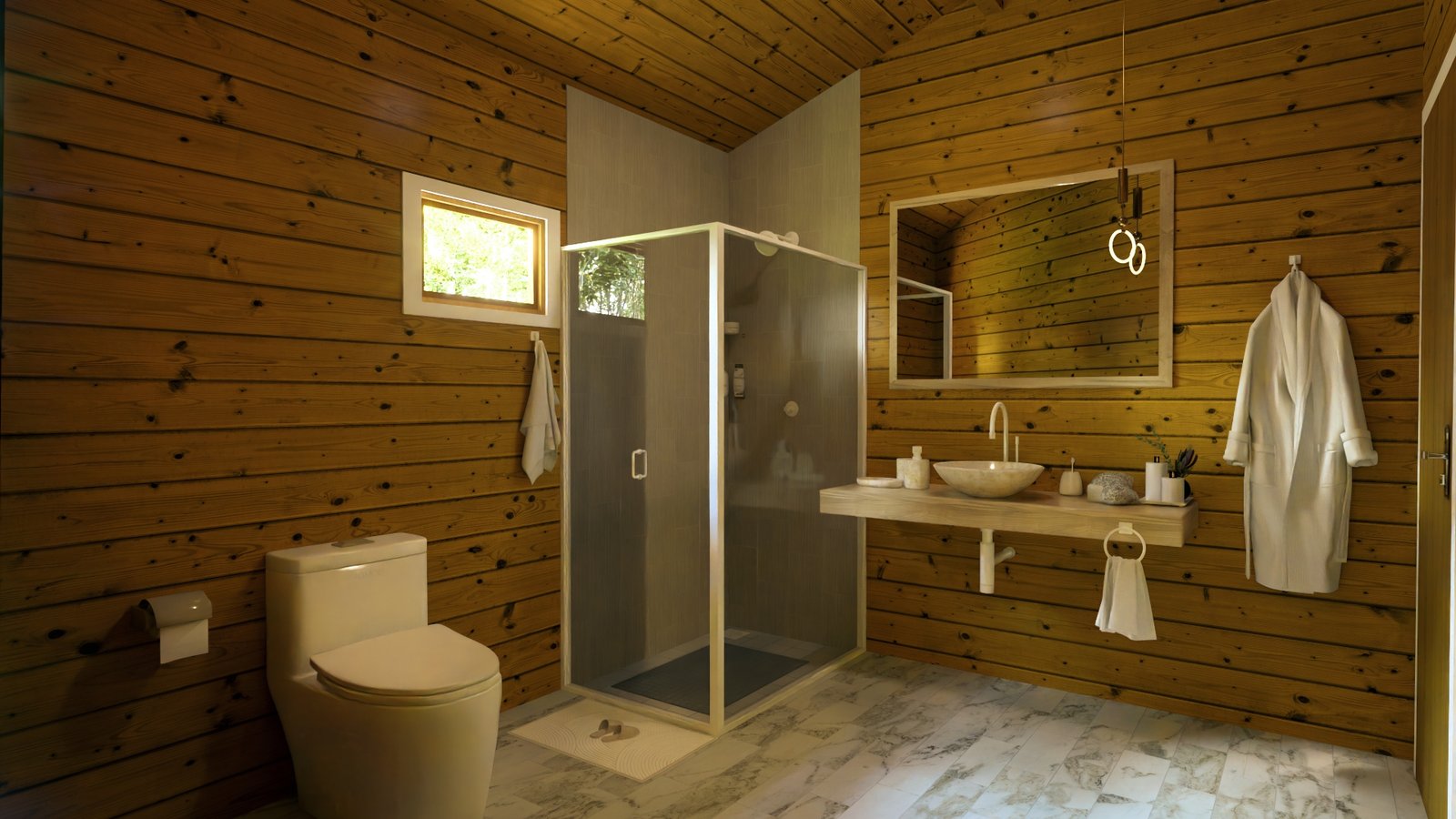 POP 2.20 Pentágono de 76,12m² — Banheiro do modelo Pentágono Casa pré-fabricada POP 2.20 Pentágono de 76,12m² em madeira pinus autoclave — banheiro do modelo pentágono