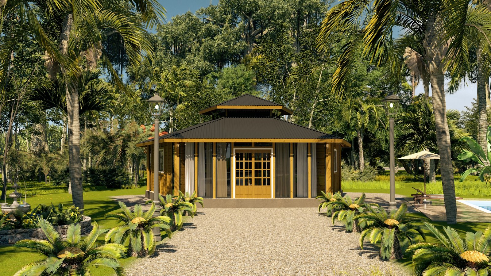 POP 2.20 Pentágono de 76,12m² — Fachada principal do modelo Pentágono com paisagismo Casa pré-fabricada POP 2.20 Pentágono de 76,12m² em madeira pinus autoclave — fachada principal do modelo pentágono com paisagismo