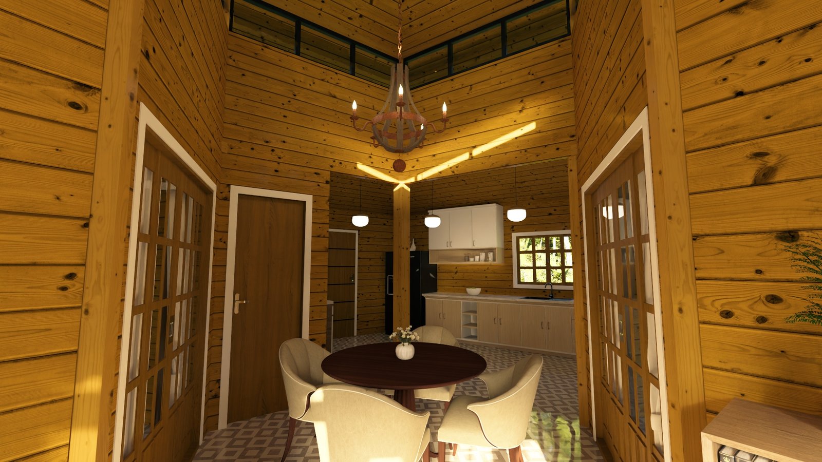 POP 2.20 Pentágono de 76,12m² — Mesa de jantar central no projeto Pentágono de noite Casa pré-fabricada POP 2.20 Pentágono de 76,12m² em madeira pinus autoclave — mesa de jantar central no projeto pentágono de noite