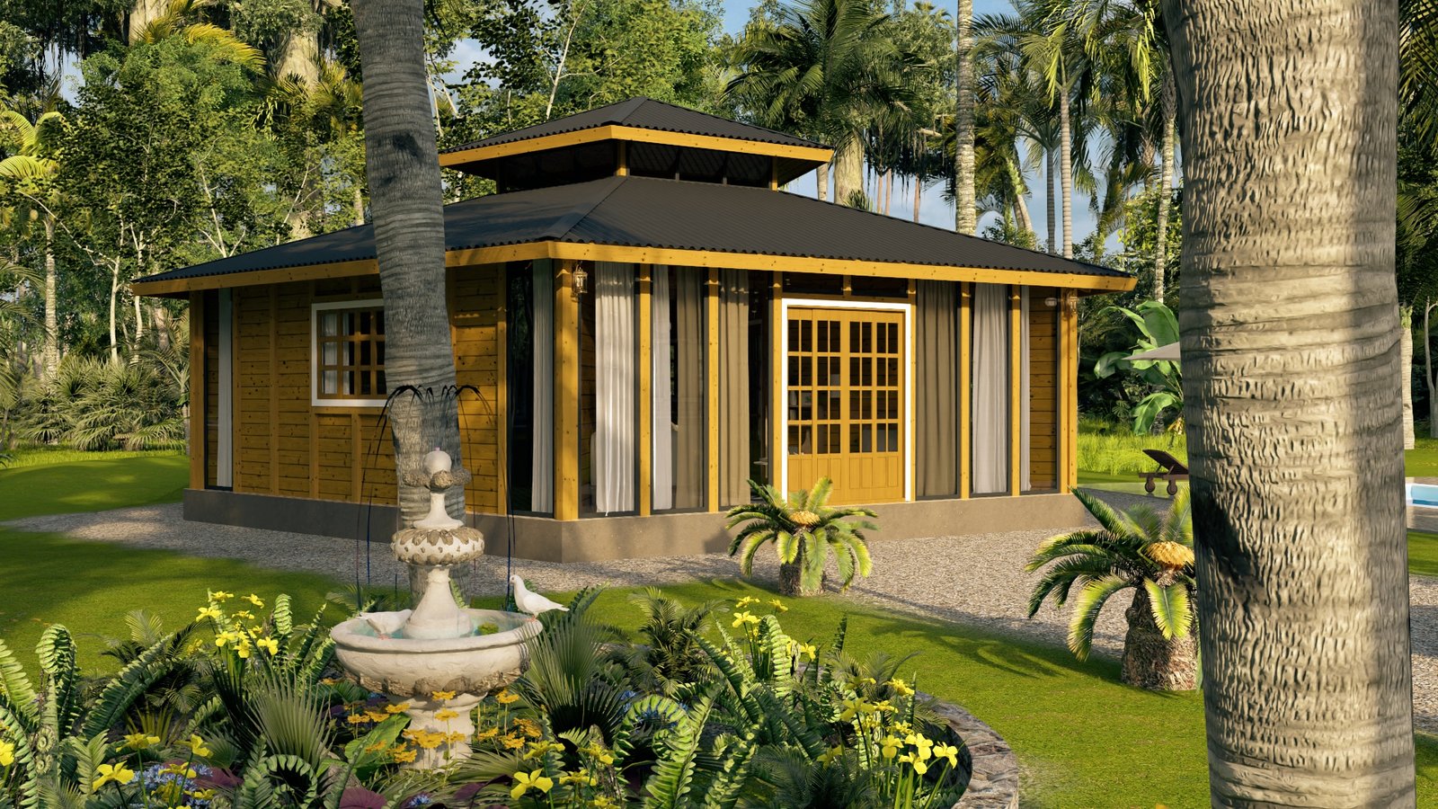 POP 2.20 Pentágono de 76,12m² — Fachada principal do modelo Pentágono com lateral direita em visão aproximada Casa pré-fabricada POP 2.20 Pentágono de 76,12m² em madeira pinus autoclave — fachada principal do modelo pentágono com lateral direita em visão aproximada