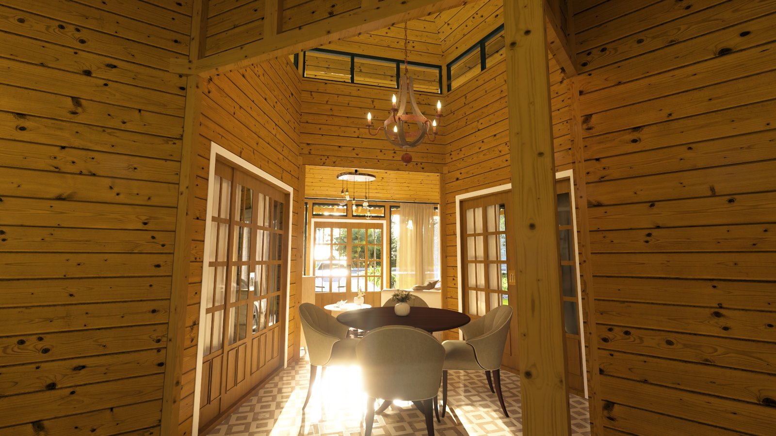 POP 2.20 Pentágono de 76,12m² — Mesa de jantar central no projeto Pentágono Casa pré-fabricada POP 2.20 Pentágono de 76,12m² em madeira pinus autoclave — mesa de jantar central no projeto pentágono