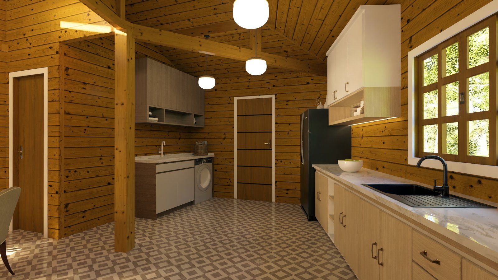 POP 2.20 Pentágono de 76,12m² — Cozinha e lavanderia conjugadas do modelo Pentágono Casa pré-fabricada POP 2.20 Pentágono de 76,12m² em madeira pinus autoclave — cozinha e lavanderia conjugadas do modelo pentágono