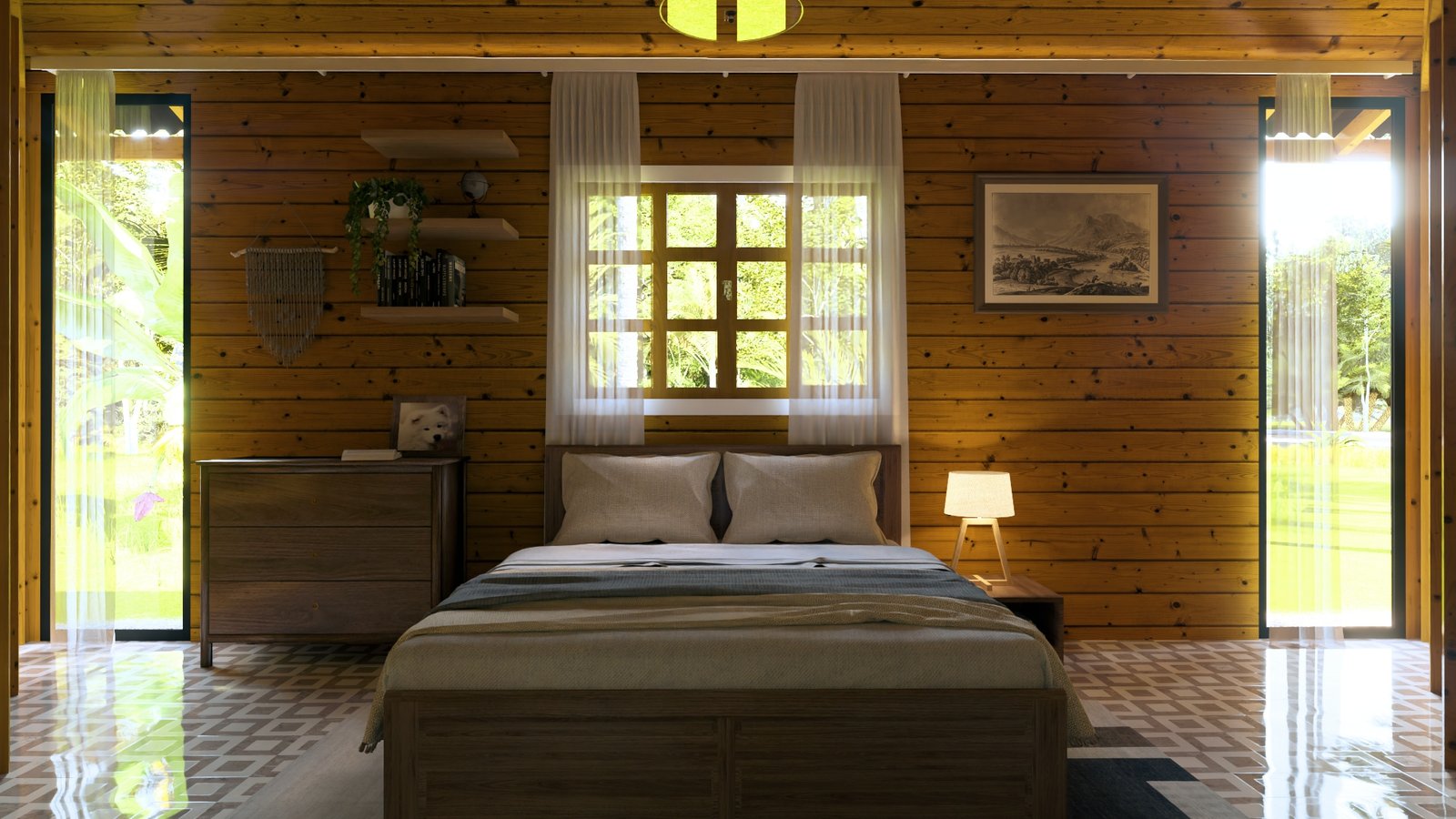 POP 2.20 Pentágono de 76,12m² — Primeiro quarto do modelo Pentágono de dia Casa pré-fabricada POP 2.20 Pentágono de 76,12m² em madeira pinus autoclave — primeiro quarto do modelo pentágono de dia