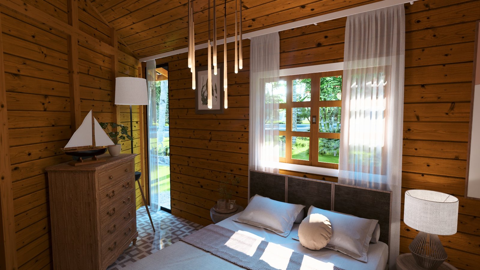 POP 2.20 Pentágono de 76,12m² — Segundo quarto do modelo Pentágono de dia Casa pré-fabricada POP 2.20 Pentágono de 76,12m² em madeira pinus autoclave — segundo quarto do modelo pentágono de dia