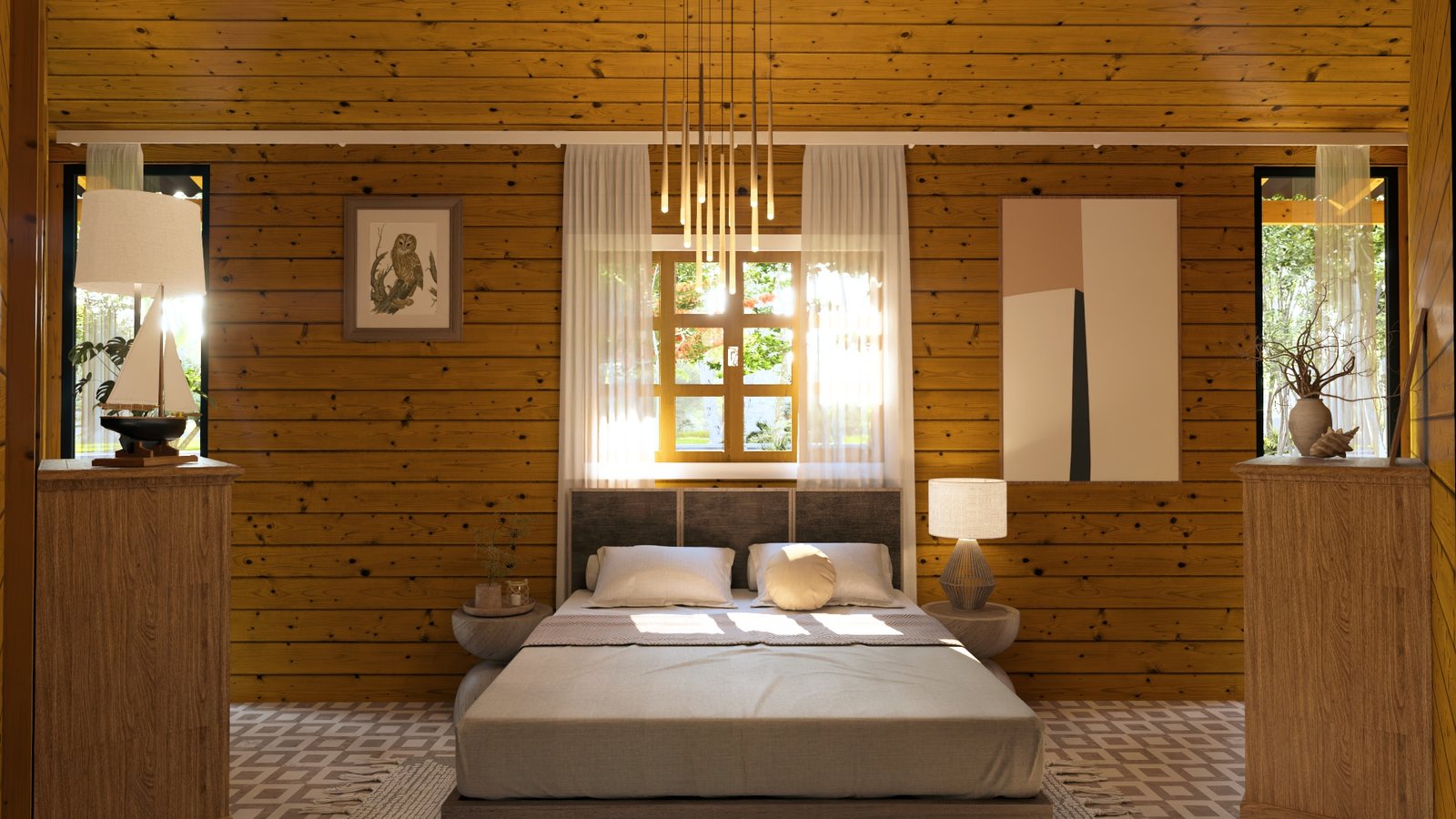 POP 2.20 Pentágono de 76,12m² — Segundo quarto do projeto Pentágono em outro ângulo centralizado Casa pré-fabricada POP 2.20 Pentágono de 76,12m² em madeira pinus autoclave — segundo quarto do projeto pentágono em outro ângulo centralizado