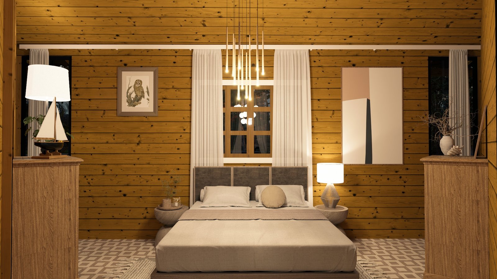 POP 2.20 Pentágono de 76,12m² — Segundo quarto do projeto Pentágono em outro ângulo centralizado de noite Casa pré-fabricada POP 2.20 Pentágono de 76,12m² em madeira pinus autoclave — segundo quarto do projeto pentágono em outro ângulo centralizado de noite